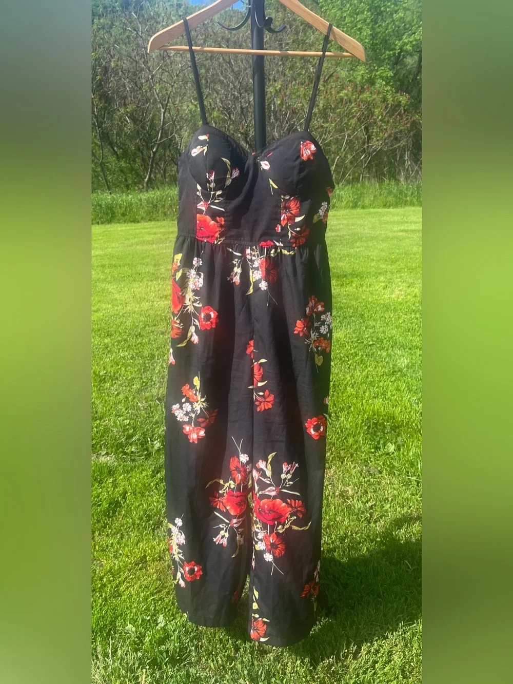 Band of Gypsies M Jumpsuit Black Red Floral Wide Leg Bustier Boho Festival Flowy